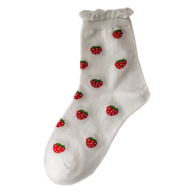 Picture of White Bubble Socks for Women, Mid-Calf Lolita Lace Long Socks, Student Socks, Strawberry Casual Versatile Socks