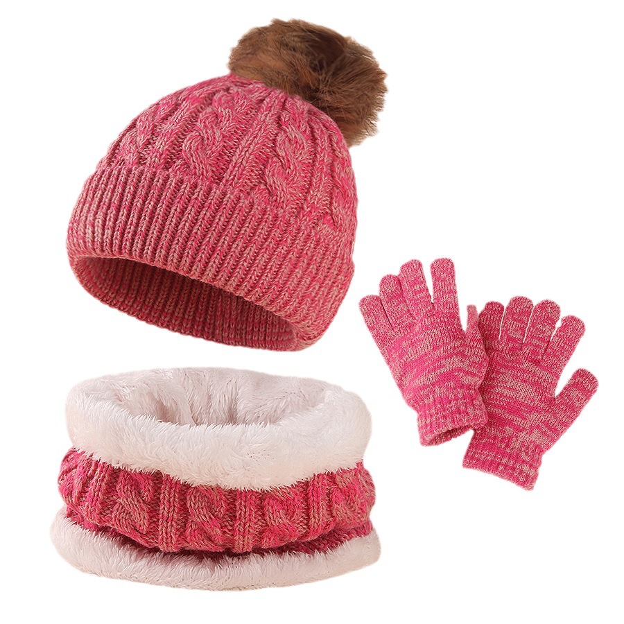 Picture of European and American leather label knitted children's hat scarf gloves three-piece winter baby hat warm children's wool hat