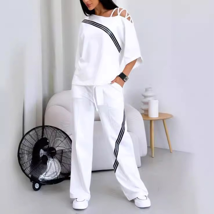 Cross-border New 2024 Autumn New Fashion Shoulder Loose Short-sleeved Sweat Casual Pants Two-piece Sports suit