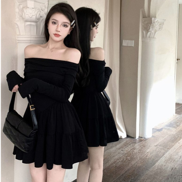 One-character Collar Age-reducing Spice Girl Autumn Skirt French New High-grade Waist Long-sleeved Elegant Western Style Gentle dress