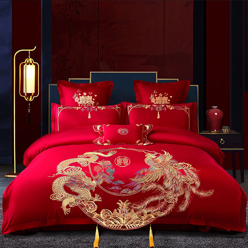 Picture of Wedding Four-Piece Set Embroidered Wedding Pure Cotton Bright Red Wedding Room Embroidered Bedding Quilt Bedding