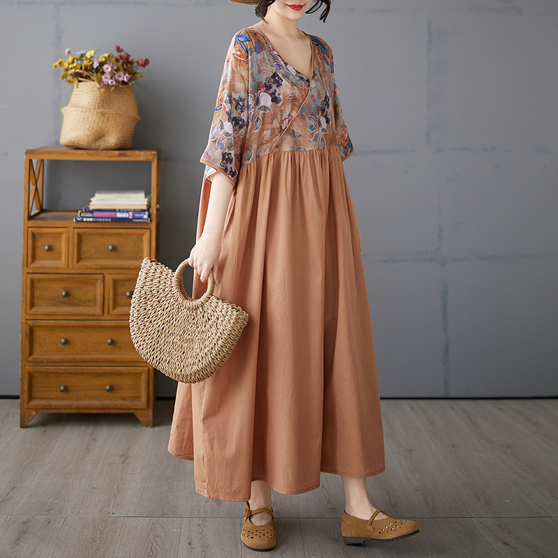 plus size Women's Clothing Summer New V-neck Stitching Retro Style Contrast Color dress Middle-aged and Elderly Casual Floral Long Dress for Women