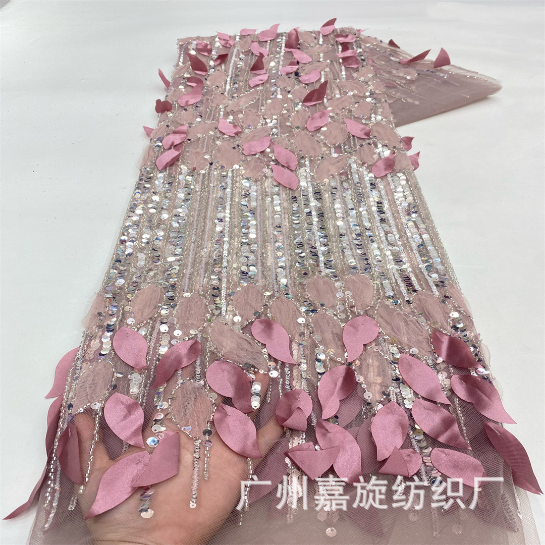 Cross-Border 3D Stereo Plate Flower Leaf Embroider Stripesd Bead Tube Sequin Mesh Fabric Fashion Dress Performance Clothing Fabric