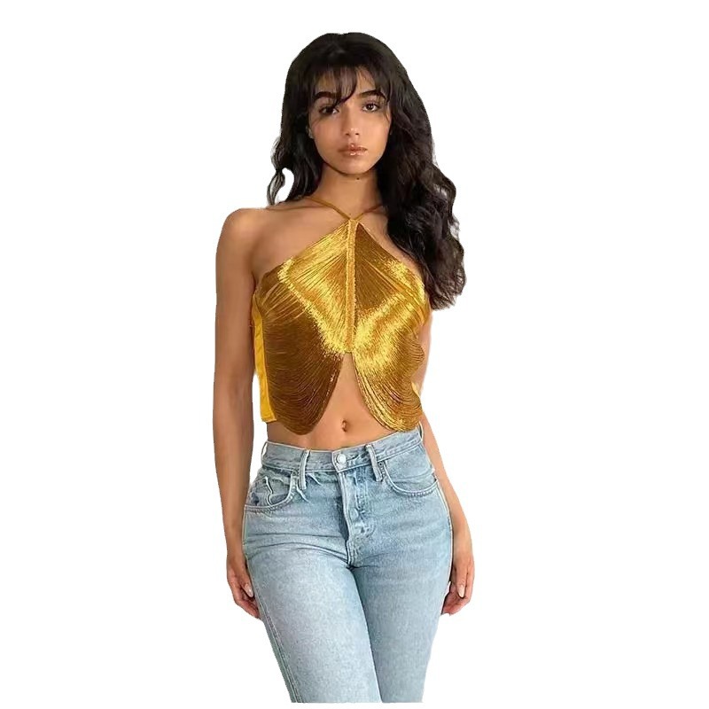 Picture of New Cross-Border Export European and American Style Sexy Off-Shoulder Camisole Asymmetrical Tassel Halter Top