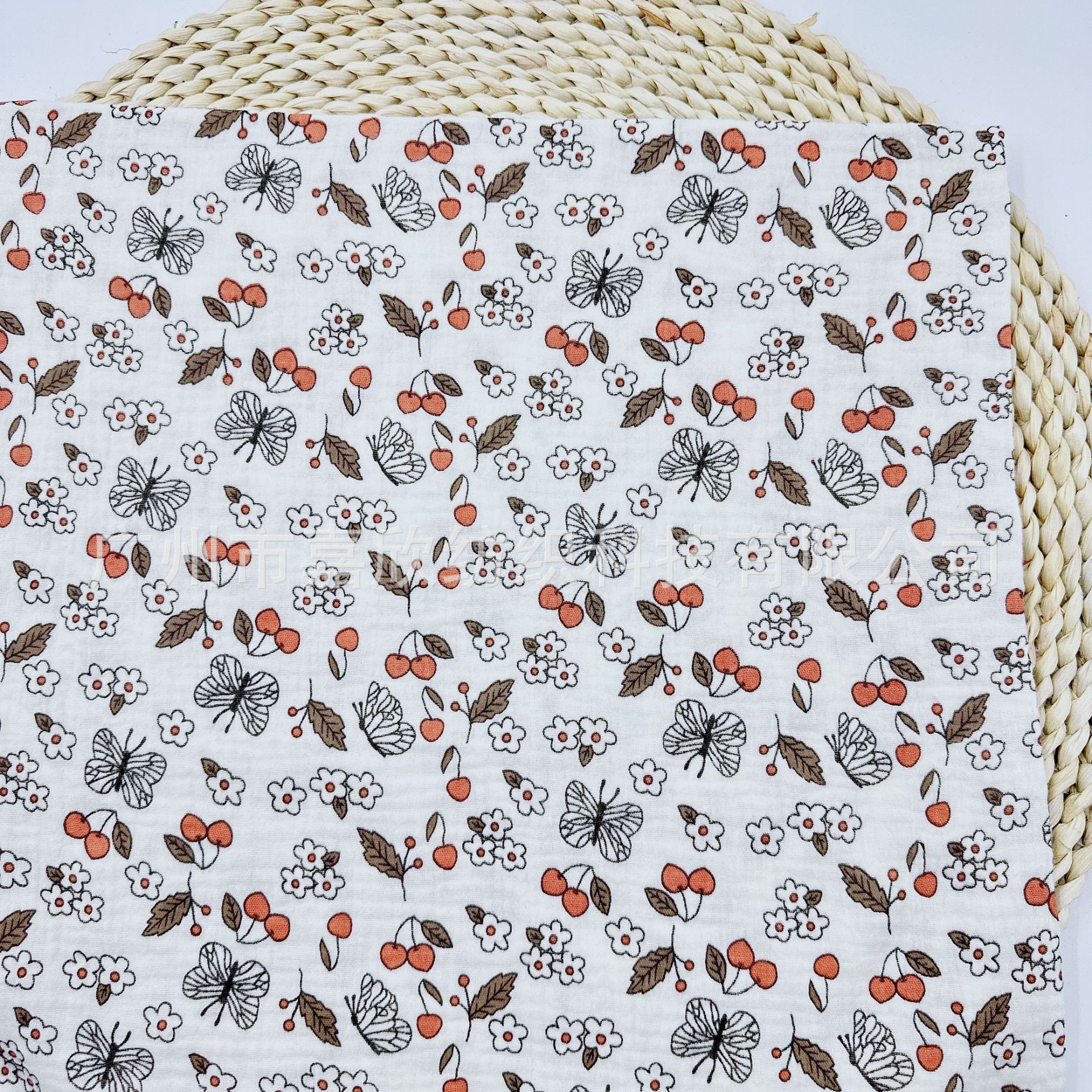 Cotton Double-Layer Yarn Fabric Plain Fine Cloth Baby Cartoon Fresh Cherry Butterfly Children's Wear Pajamas Fabric