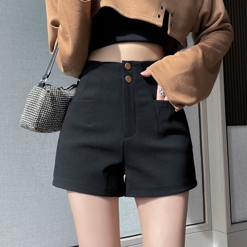 High waist black suit shorts for women 2024 new popular spring and autumn slimming outerwear A- line bottoming summer hot pants