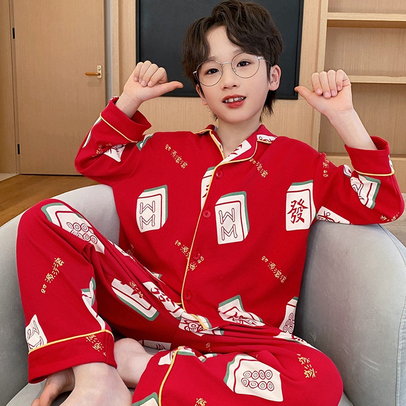 Picture of Spring and Autumn boys' pajamas pure cotton long-sleeved red animal year Festive dragon year little boy children's homewear suit