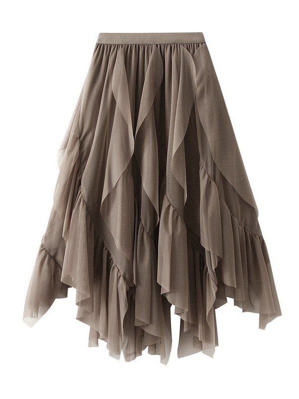 Ruffled Gauze Skirt for Women, High-Waisted, Petite, Temperament, Four-Season Commuting Mesh Skirt
