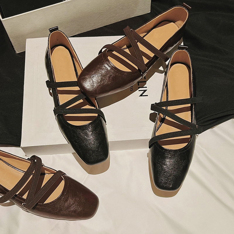 Vintage Sheepskin Mary Jane Shoes Women's Square Toe Shallow Mouth Cross Strap Elegant Commuter Low Heel Single-layer Shoes Thick Heel Women's Shoes