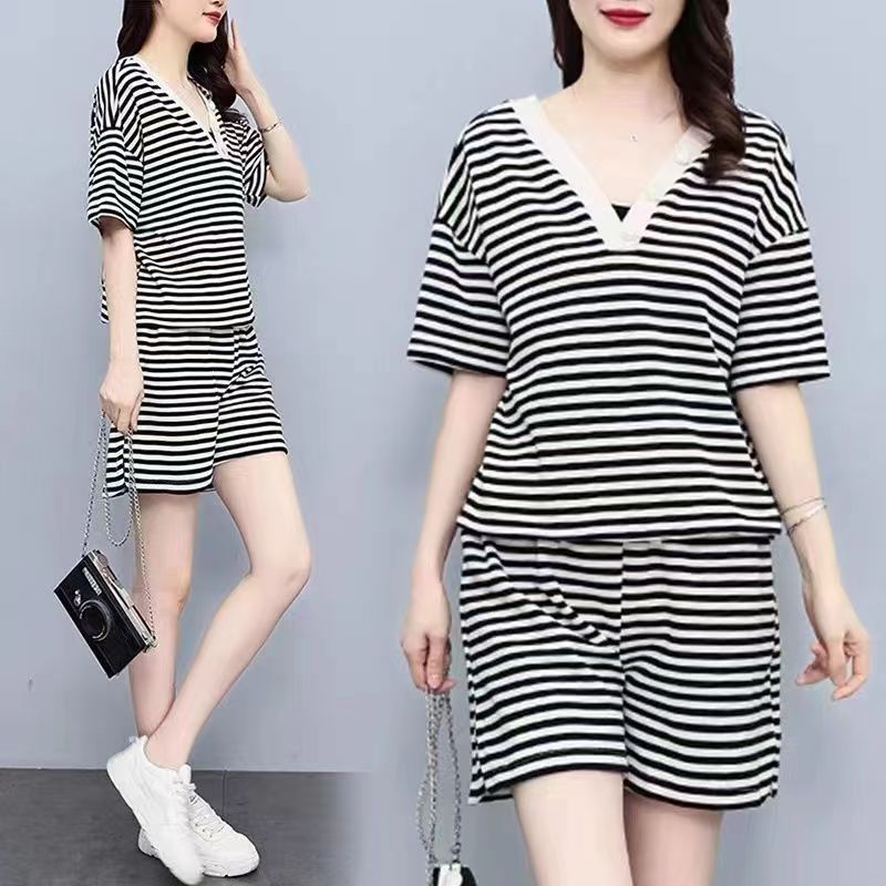 Reversible 2025 Summer New Korean Style Loose Stripesd Bow Short-Sleeved T-Shirt Pants Two-Piece Set Large Size
