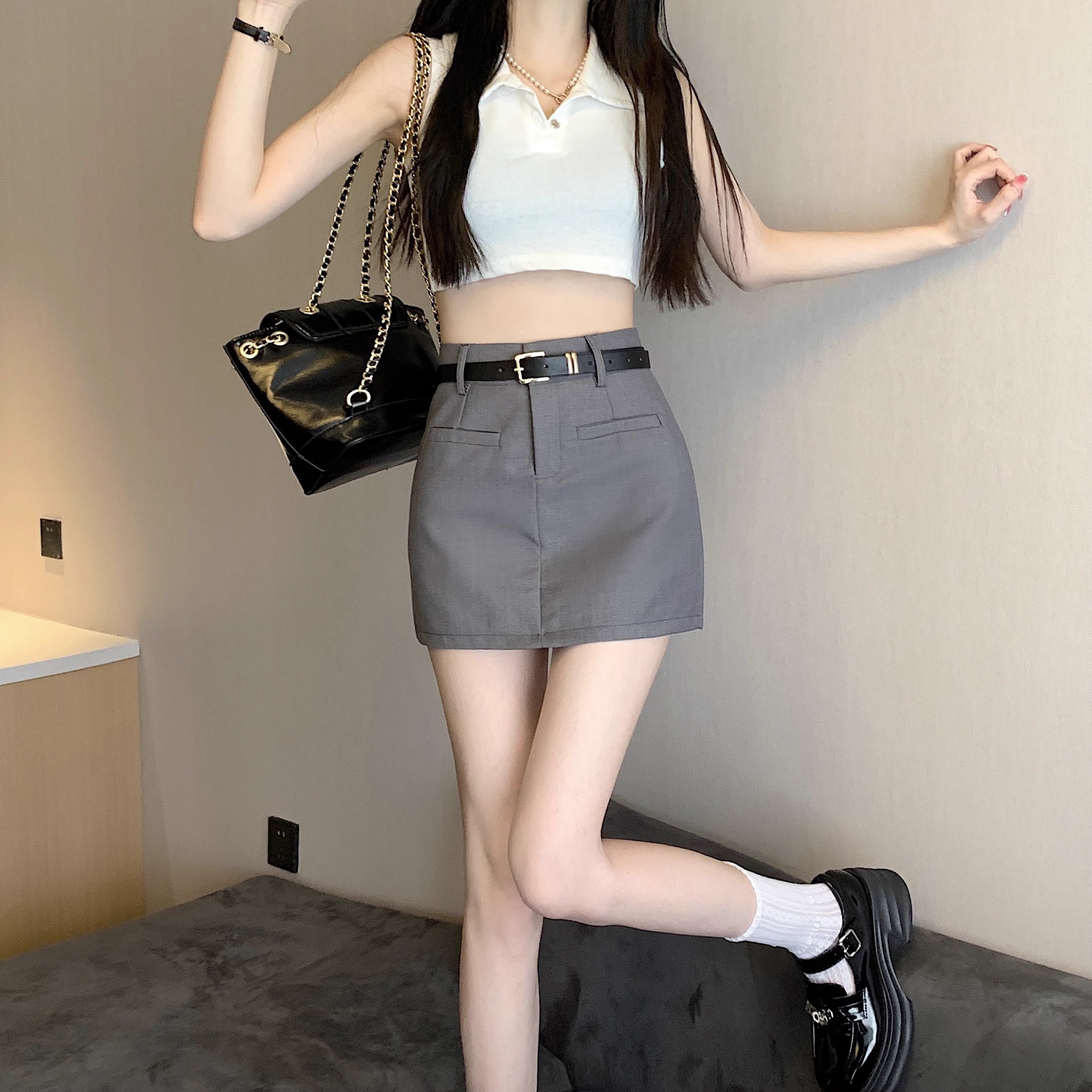 Real Shot of Gray Suit Skirt for Women, Summer High-Waisted Short Skirt, Pencil Skirt, A-Line Skirt, Workwear Skirt, High-Waisted and Slimming