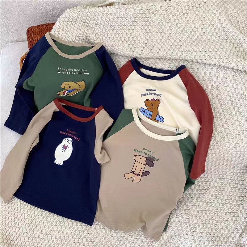 Picture of Pure Cotton Kidsren's Long-Sleeved T-Shirt 2025 Autumn New Boys and Girls Cartoon Contrasting Color Bottoming Shirt Baby Korean Style Cotton Top T-Shirt