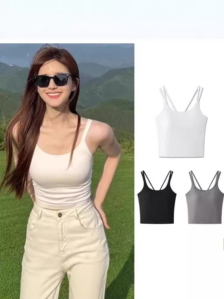 Zhao Rusi's Same-style Slim-fit Slimming White Sling Beautiful Back Vest Women's One-piece Inner Wearing Top with Chest Pad