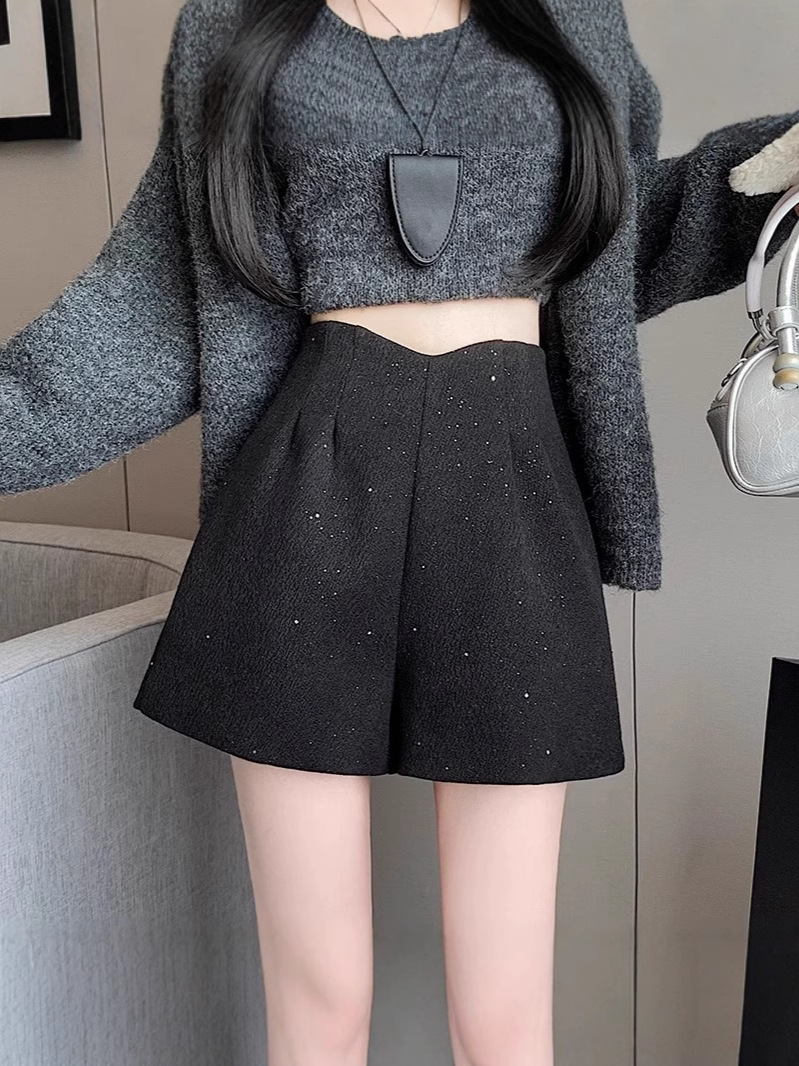 Star Woolen Shorts High Waist A- Shown Casual Dress Pants Winter Sequins Shiny Boots Pants Spice Girls Wide Leg Pants