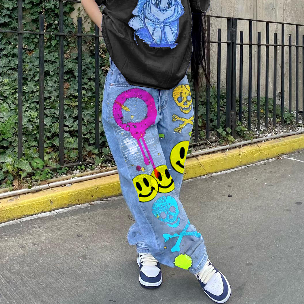 Autumn New European and American Style Street Fashion Internet Celebrity High-Waisted Wide-Leg Jeans for Women Export Women's Pants 2526