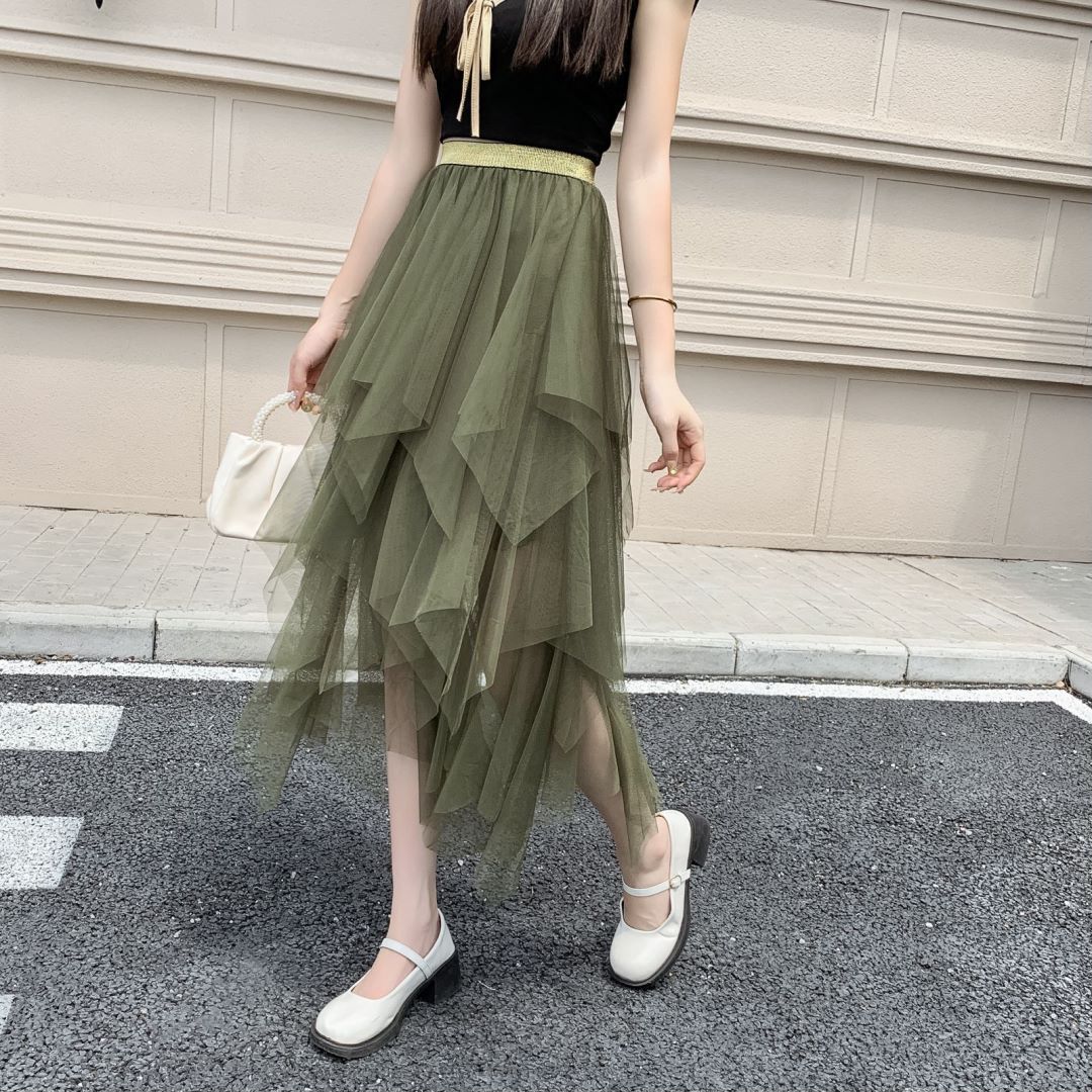 Picture of Irregular Mesh Skirt Women's Mid-length 2025 Spring New Veil Skirt High Waist All-match Slimming Skirt