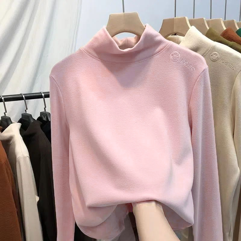 Double-sided Velvet Warm Inner Base Shirt Women's Autumn and Winter All-match 2023 New Arrival Half-high Collar Long-sleeved T-shirt Ins Top