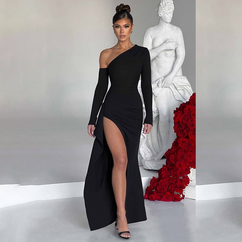 European and American Foreign Trade Autumn and Winter New Sexy Slant Neck Elegant Elegant Single Sleeve Split Dress Women's Dress/Evening Wear