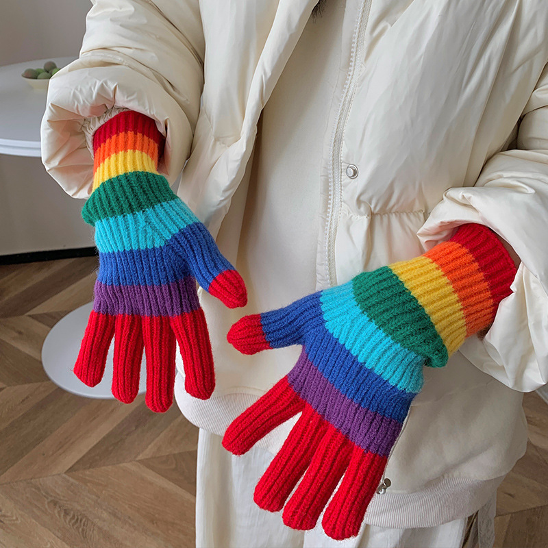 Winter warm thickened wool rainbow striped couple's touch screen cute gloves for boys and girls exposed two fingers funny