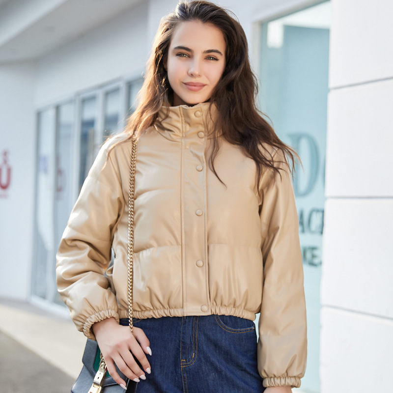 Picture of 2025 Autumn and Winter New Cross-Border Leather Jacket Plus Size Women's Navel-Baring Stand-Up Collar Leather Cotton Jacket