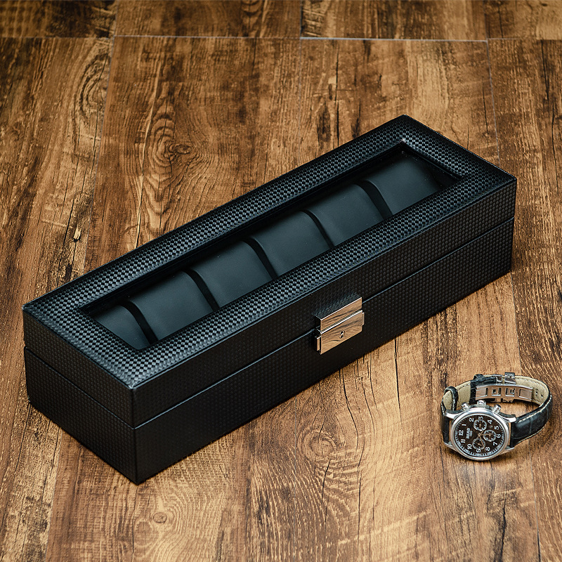Picture of Carbon Fiber Pattern Leather Watch Box Glass Skylight Wrist Watch Mechanical Watch Bracelet Jewelry with Lock Storage Display Box