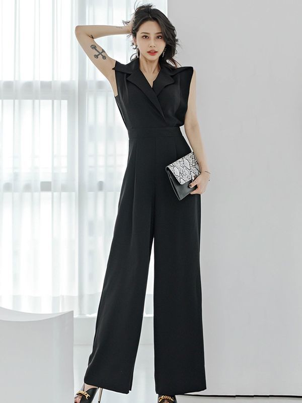 Yujie Fan Elegant Slim-fit Suit Collar Wide-leg Pants Cross-border Women's Summer New Korean Fashion Professional Jumpsuit