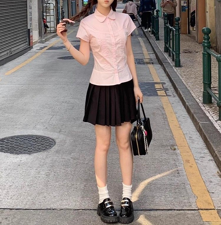 Picture of Pink Polo Collar Right Shoulder Short-Sleeved Shirt Women's Summer Slim Short Shirt Waist Half-Sleeved 2025 New Top