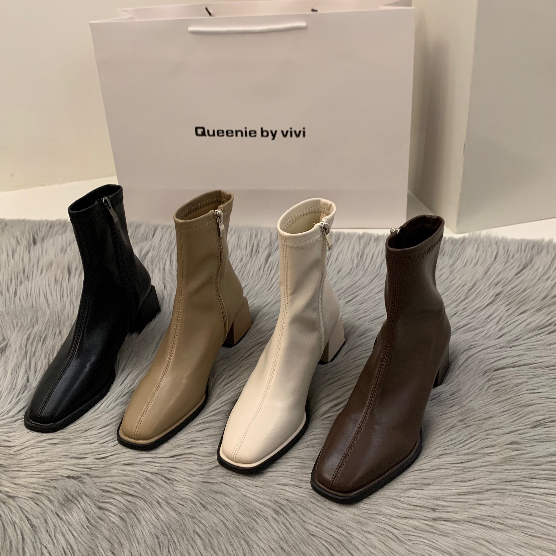 White High Heel Square Toe Thin French Short Boots Women's Shoes 2023 New Spring and Autumn Single Boots Brown Martin Boots