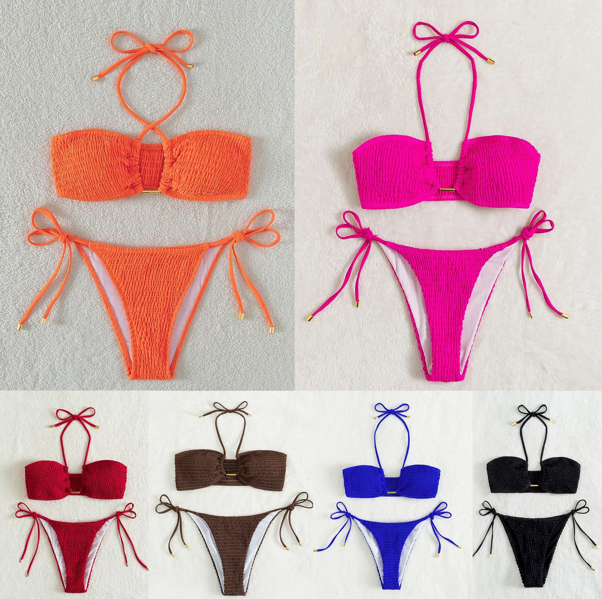 New Style Fabric Fashion Split Lace Swimsuit Women Solid Color Sexy BIKINI European and American Swimwear