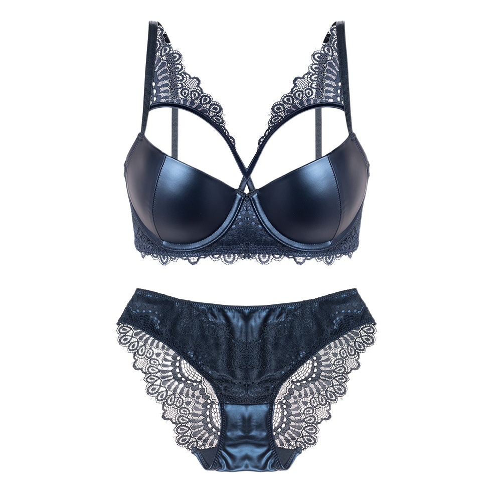 5221 new European and American style pu leather gathered steel ring locomotive bra suit women's underwear bra sexy