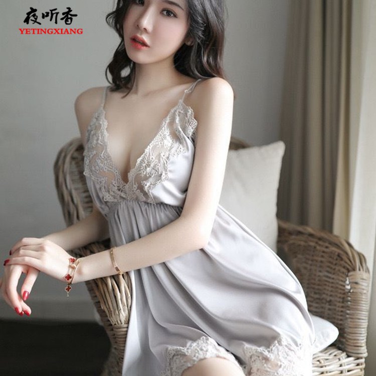 Night Tingxiang New Style Sexy Underwear Embroidered Lace Nightdress Temptation Pajamas Set Halter Backless Ice Silk Home Clothes