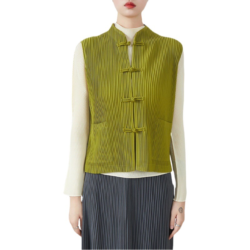 Sanzhai retro pleated National style buckle design small stand collar Chinese vest coat women's outer tower vest top