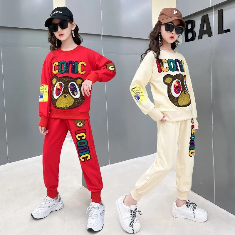 Girls' Spring Suit New Stylish Internet Celebrity Children's Sweatshirt Printed Girls' Fashionable Sports Casual Two-piece Set