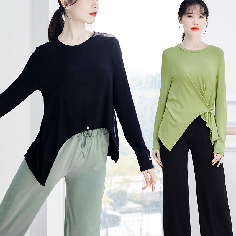 Picture of Buttoned Ethnic Square Jazz Training Top for Adults, Modern Dance Practice Clothing for Women, Versatile Solid Color