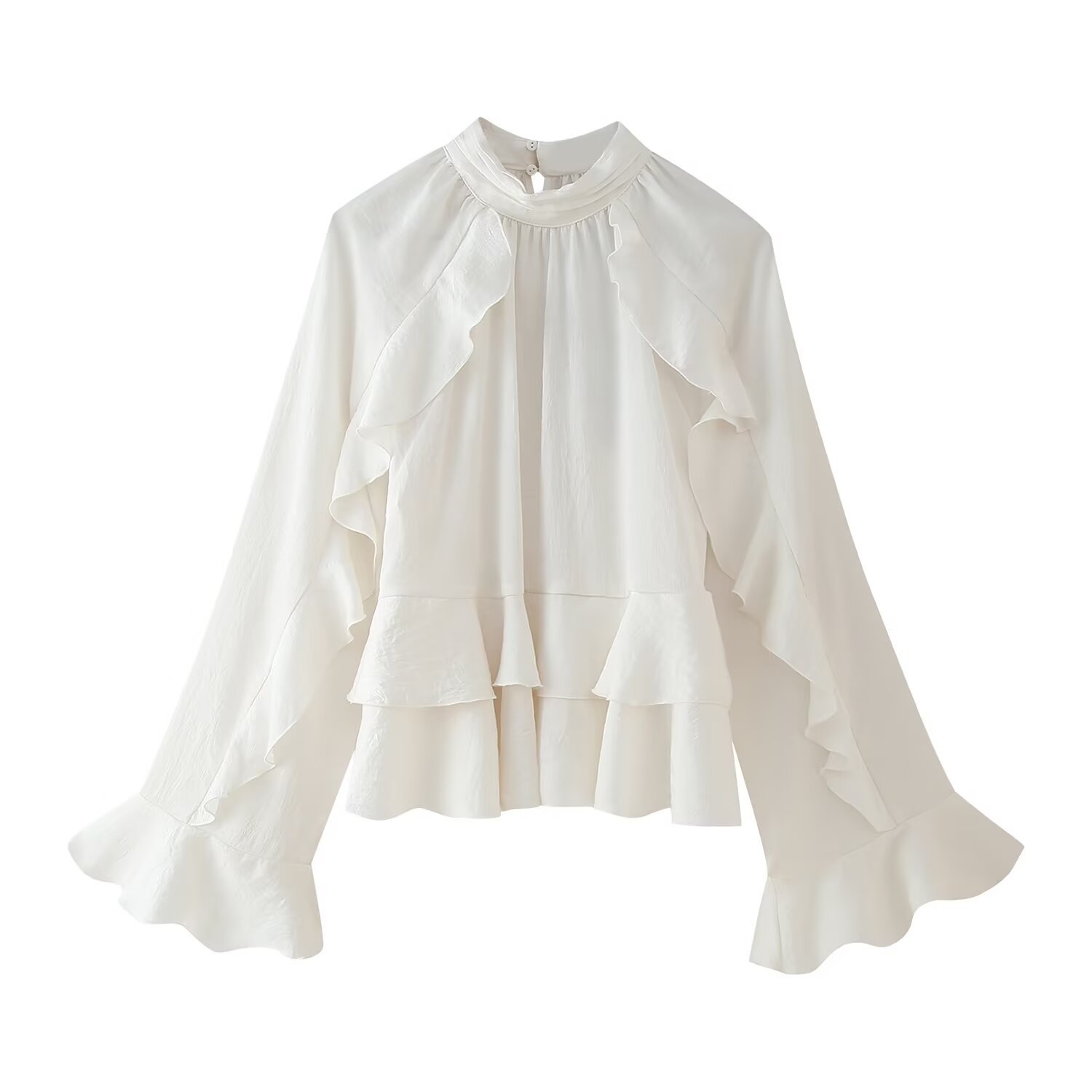 ZR Women's Clothing European and American Style 2025 Spring New Elegant Fashion Laminated Decoration Collar Horn Sleeve Long Sleeve Shirt