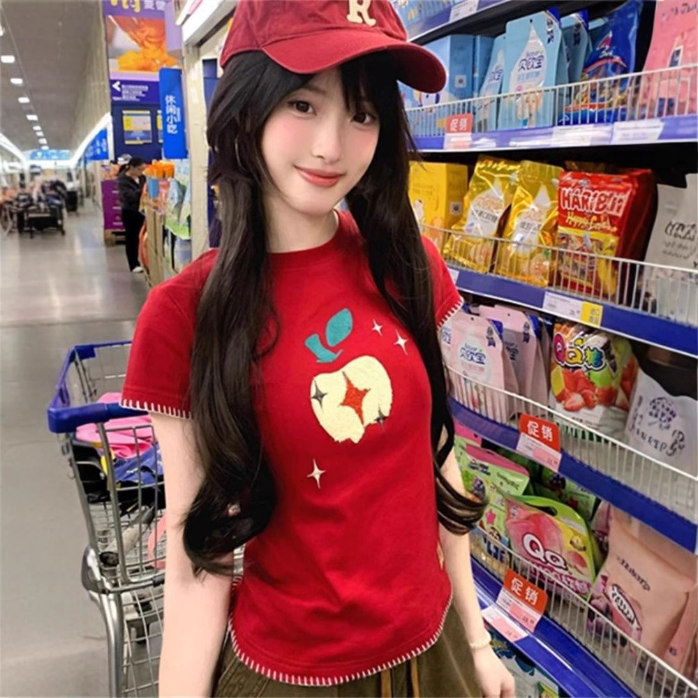 Original Fabric American Retro Apple Jacquard Embroidery Towel Embroidered Short-Sleeve T-Shirt for Women, Regular Shoulder, Slim Fit, Versatile