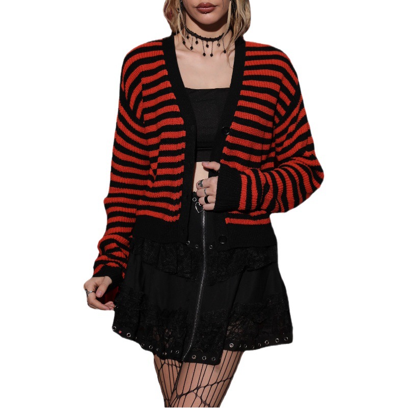 Europe and the United States cross-border new Halloween costume striped knitted top 2023 autumn and winter new V-neck women's knitted top