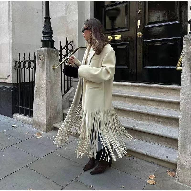 Wholesale 2024 autumn new European and American style women's solid color tassel long suit jacket