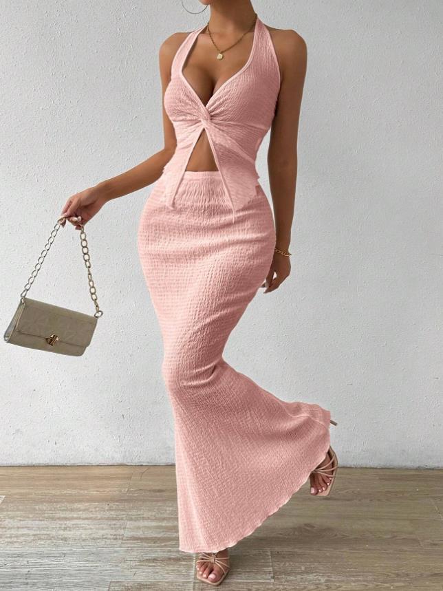 Picture of European and American Cross-border Croissant Women's Summer Solid Color Twist Front Hanging Neck Crop Top and Fishtail Midi Skirt Elegant Double