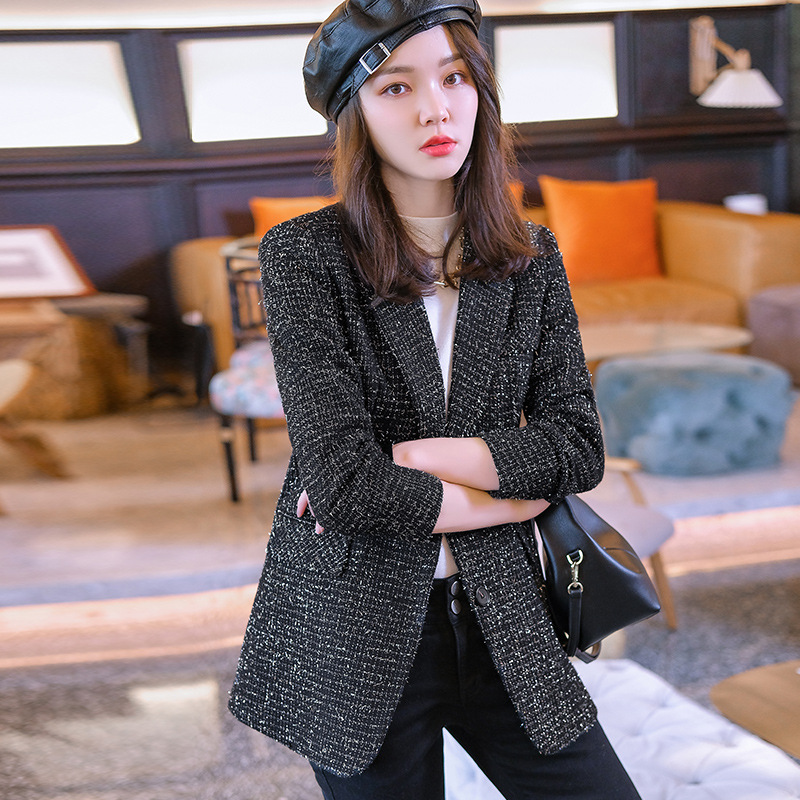Picture of Autumn and winter leather temperament commuter blue Korean single-breasted suit collar solid color viscose thin temperament clothing