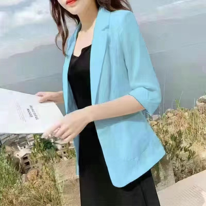 Picture of Linen Small Suit Women's Jacket Thin 2024 Summer Suit Korean Style Sun Protection Clothing Casual British Style Women's White Black