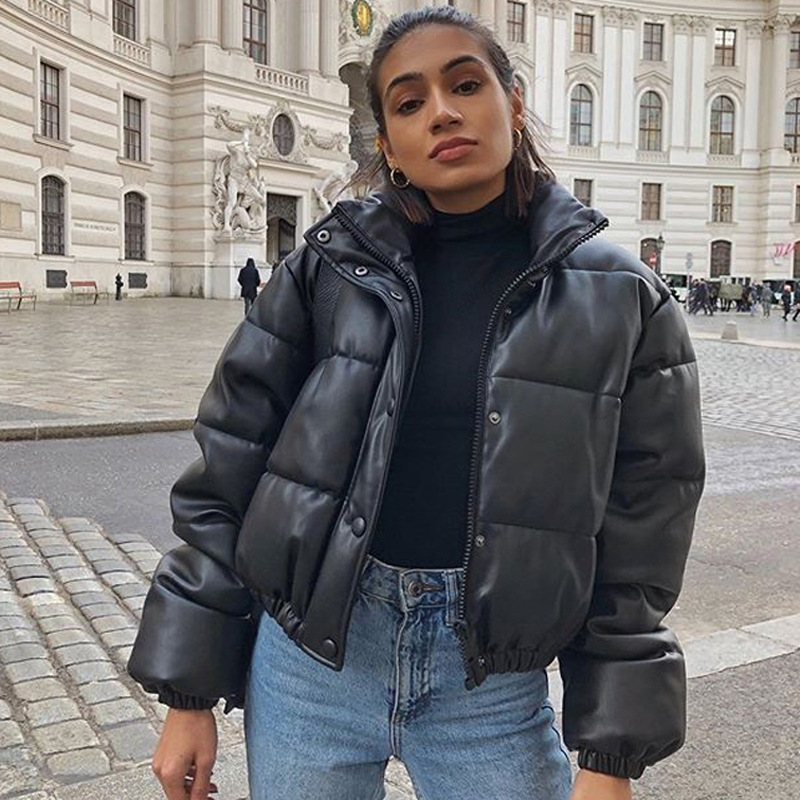 2025 Autumn and Winter New Cross-Border Leather Jacket Plus Size Women's Navel-Baring Stand-Up Collar Leather Cotton Jacket