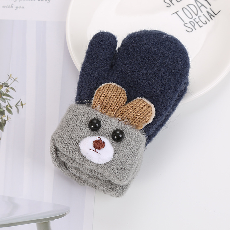 Picture of 0-3 years old cute ears bear cartoon children's gloves winter knitted wool double plus velvet padded warm