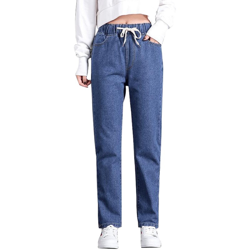 Picture of Korean Style Women's Straight Casual Elastoelastic Waist Lace-up High Waist Student Jeans Women's Loose Cropped Torre Pants Women