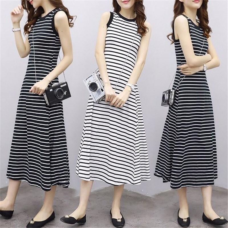 Picture of [Real shot] Korean-style elegant slimming striped dress women's summer retro simple sleeveless vest skirt A- line long skirt