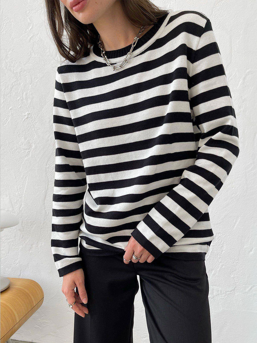 Picture of Cross-Border Round Neck Knitted Striped Sweater European and American 2025 Spring Versatile Classic Retro Striped Pullover Sweater for Women
