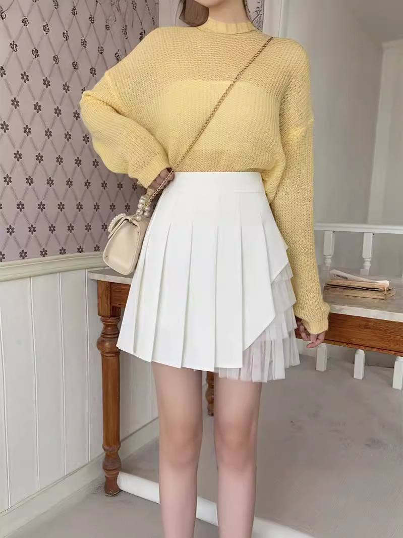 chubby girl Pleated Skirt Women's Spring Sweet High Waist A- line Skirt Stitching Mesh Skirt Design Sense Fairy A- line Skirt