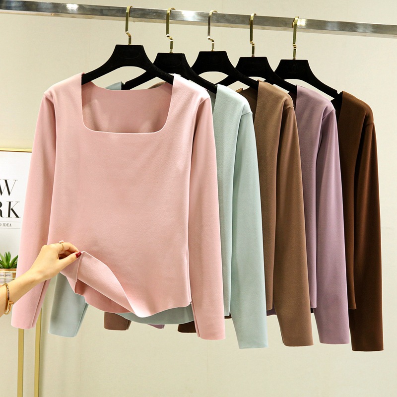 Square collar velvet bottoming shirt long-sleeved T-shirt autumn and winter 2022 new women's inner warm top low collar autumn clothes