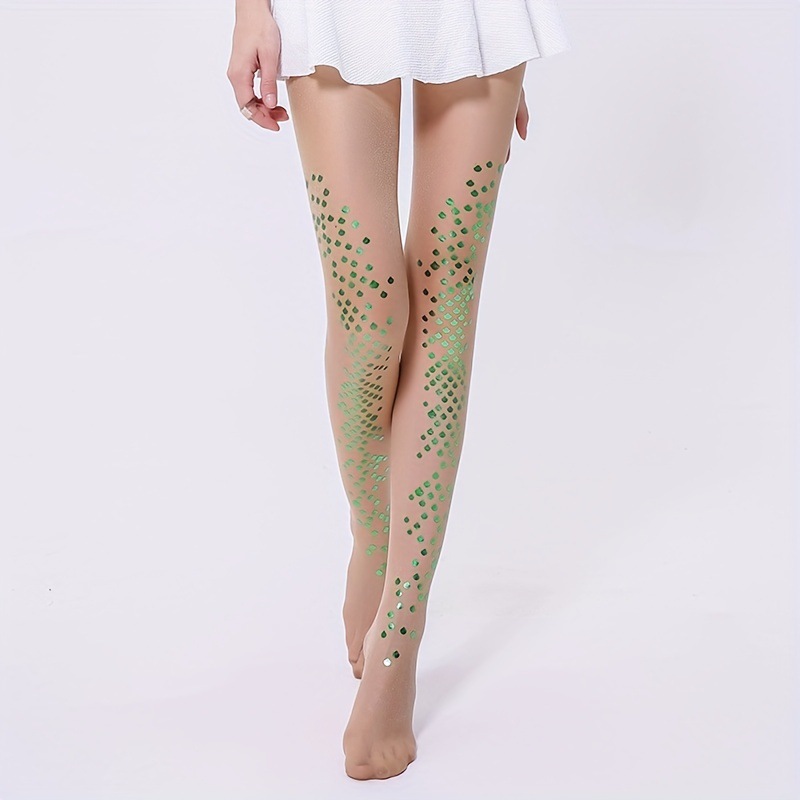 1 Pair of Thin Mermaid Bikini Shiny Pearl Hookless Silk Stockings, Hot Silver Printed Long Silk Stockings Versatile