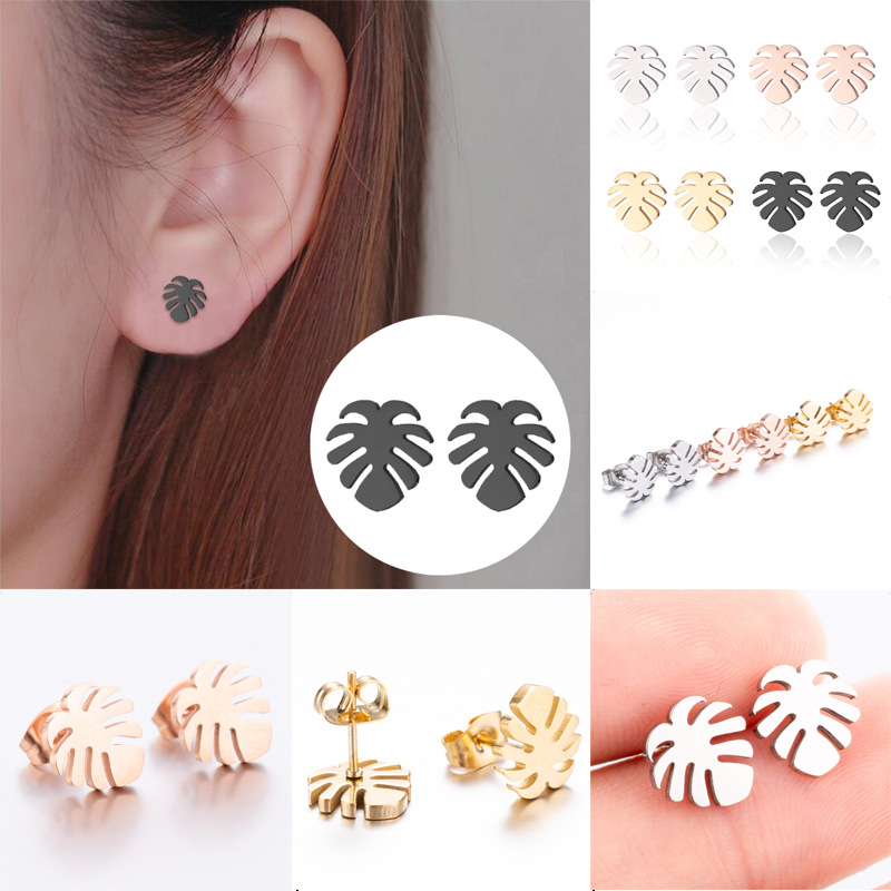 Picture of Leaf Earrings Korean Personality Elegant Coconut Earrings Stainless Steel Leaf Earrings Small and Exquisite All-match Ear and Bone Nails